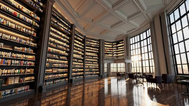Wide-angle video captures a grand library with towering bookshelves and large windows, creating a majestic and serene atmosphere.