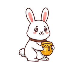 Cute Bunny Holding Honey Jar in Whimsical Cartoon Style