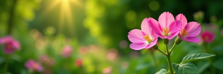 Fototapeta premium Pink mallow flowers swaying gently in the breeze, lush greenery, summer garden, mallow flowers