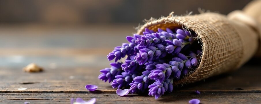 Wheat flower and lavender bundle wrapped in burlap, rustic packaging,