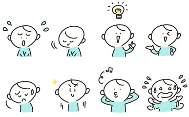 様々な表情の男性のセット　困る・落ち込む・ひらめく・慌てる