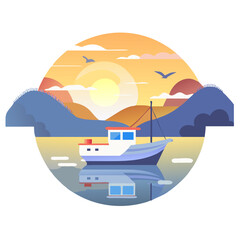 Naklejka premium Fishing Boat Vector: Sunset Maritime Adventure Illustration