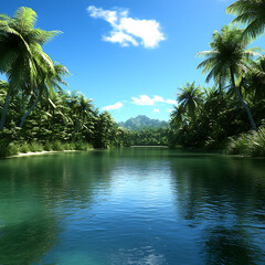 Serene Tropical River Scene with Palm Trees and Distant Mountain Peaks Under a Clear Blue Sky