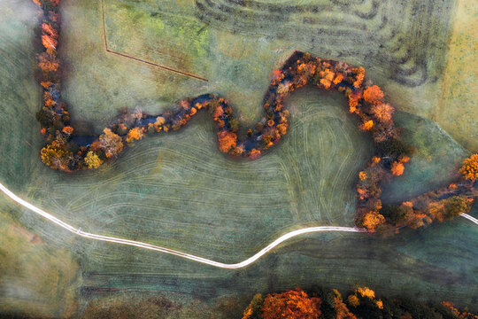 Aerial view of an autumn landscape in Mondsee, Salzkammergut, Upper Austria