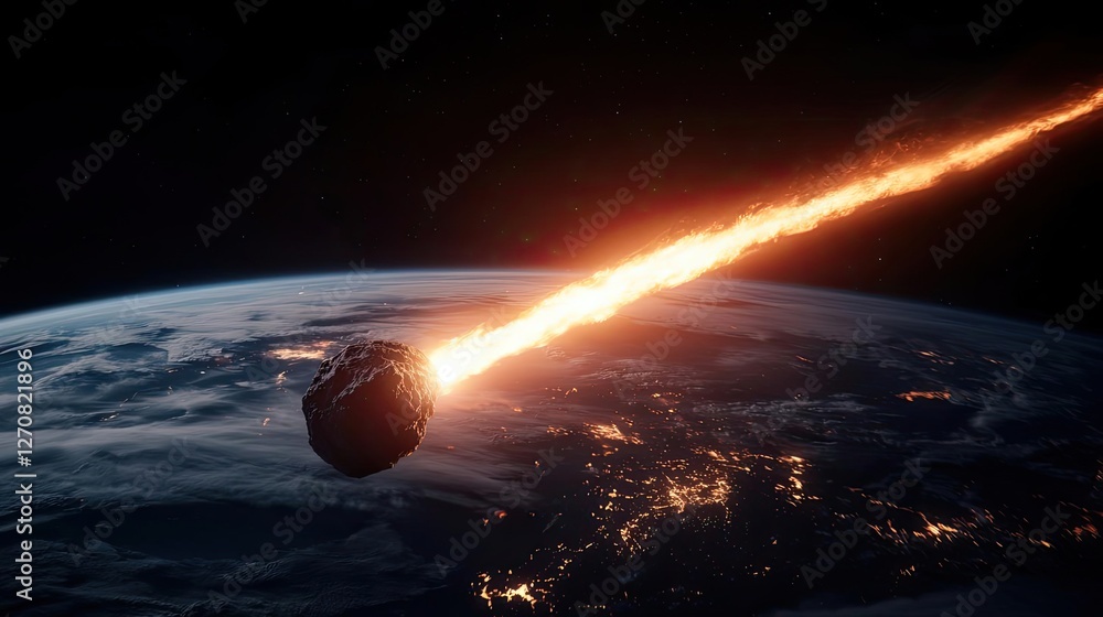 Poster asteroid impact idea. a striking image of an asteroid entering earth's atmosphere, creating a fiery 