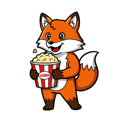 Cheerful Cartoon Fox Enjoying Popcorn From Red and White Striped Container
