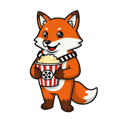 Cartoon Fox Enjoying Popcorn in Cinema with Smile and Cheerful Pose