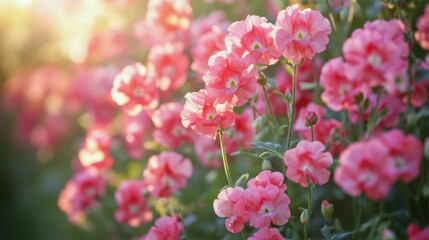 Vibrant pink flowers blooming along a wooden fence in a sunny garden setting