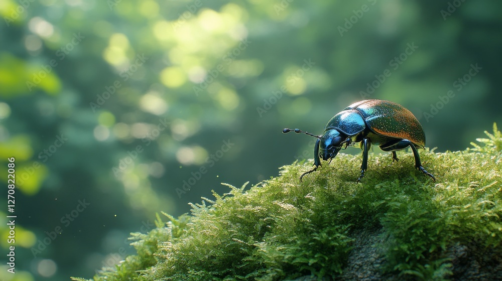 Poster colorful insect on lush moss with a shimmering background in a vibrant forest setting