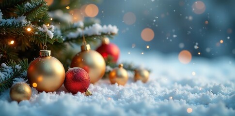 Sparkling golden ornaments scattered across a winter wonderland background, christmas decorations, festive
