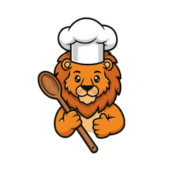 Cartoon Lion Chef Holding Wooden Spoon in Cooking Attire