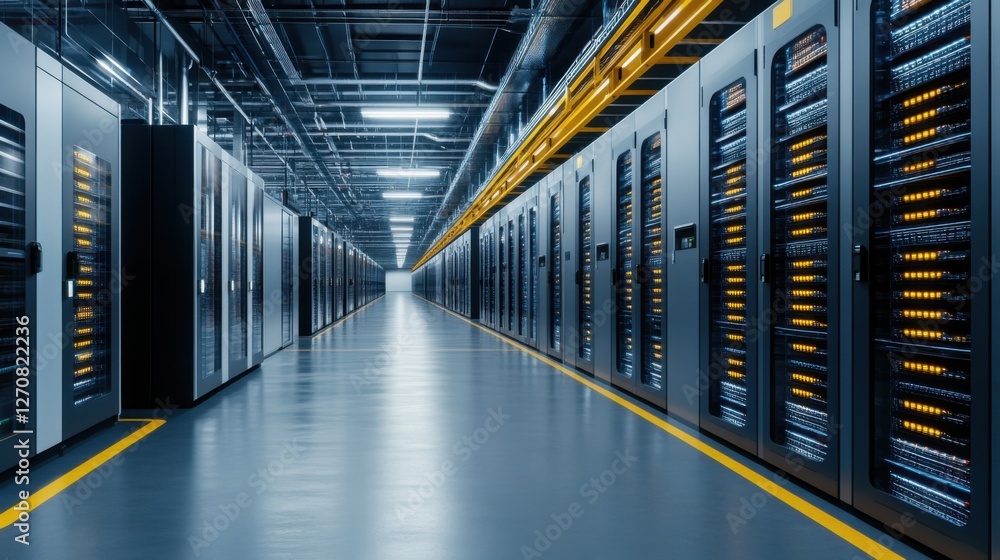 Poster modern data center with rows of high-tech server racks and bright led lighting in a clean environmen