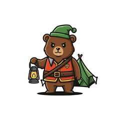 Cartoon Bear Adventurer Holding Lantern and Tent in Outdoor Gear