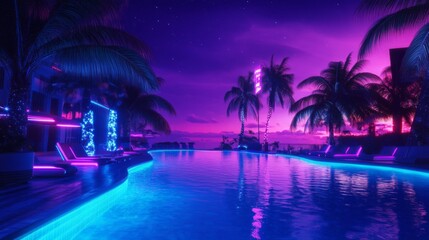 Obraz premium Nighttime serenity neon enhanced pool beneath a starry violet sky palm silhouette presence