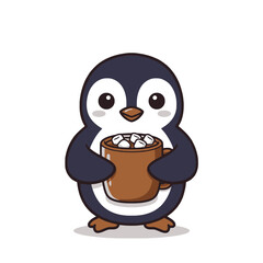 Cartoon Penguin Holding Hot Chocolate Mug with Marshmallows