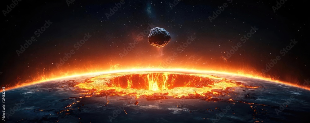 Poster asteroid impact idea. a dramatic rendering of a planet with a fiery core and asteroid approaching.