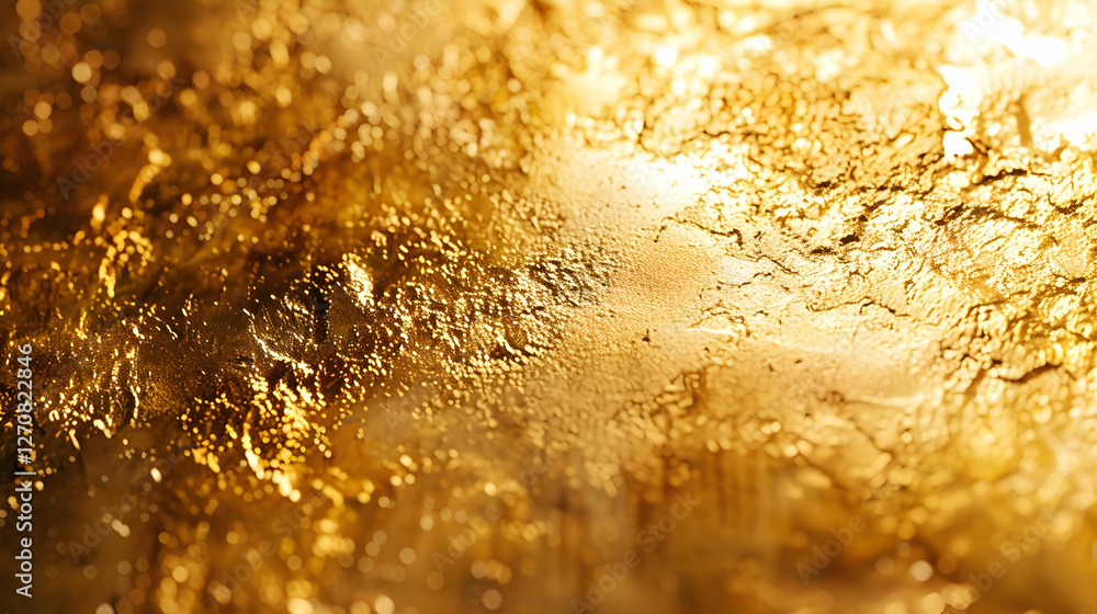 Poster close-up of shimmering golden texture with intricate patterns reflecting light, ideal for background