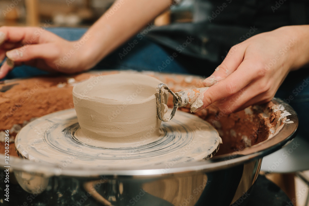 Poster creating ceramic earthenware on the manufacturing. artisan forms clay pot with potters tool on the s