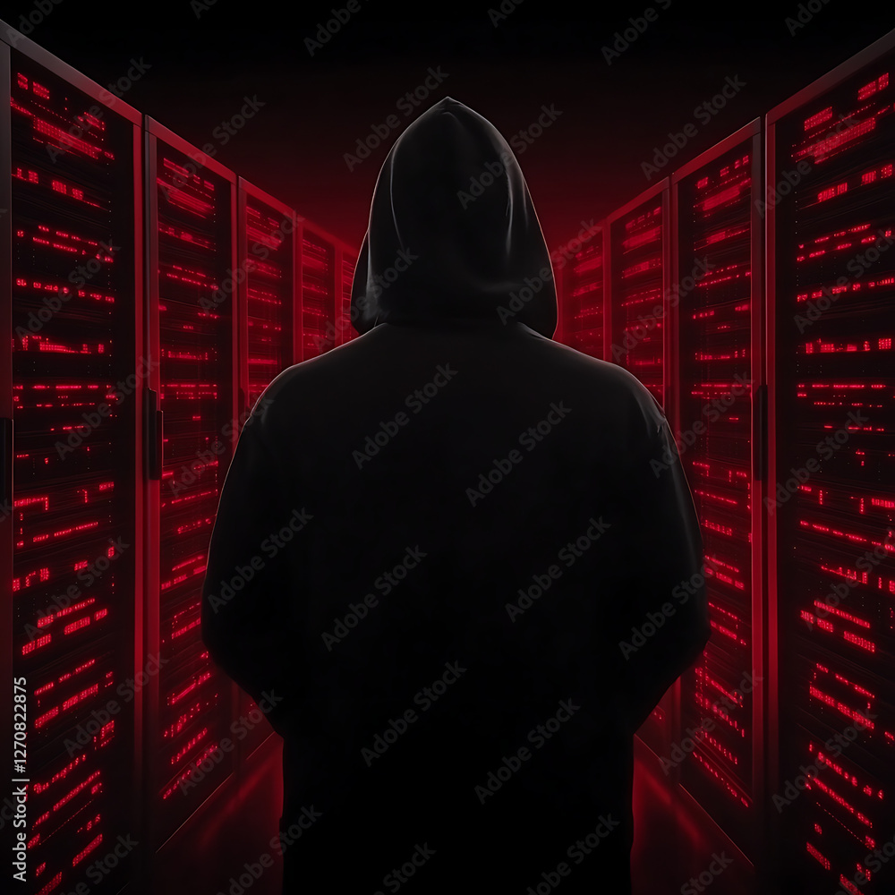 Poster shadowy hacker amid server racks in data center stealing digital information under red lights