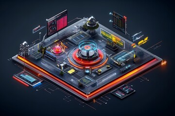 Futuristic technology hub cybersecurity event digital space virtual environment aerial view