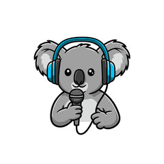 Adorable Koala Character Singing with Microphone and Headphones