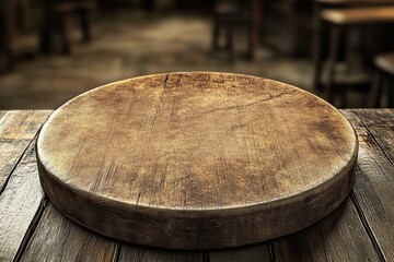 Fototapeta premium Rustic wooden disc on table, blurred cafe