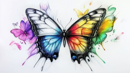 A beautiful butterfly drawing half in black-and-white, with the other half vividly colored using markers. 