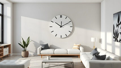 A modern wall clock mockup in a stylish living room with a minimalist aesthetic. The blank clock face offers space for custom designs, with soft ambient lighting enhancing the scene.