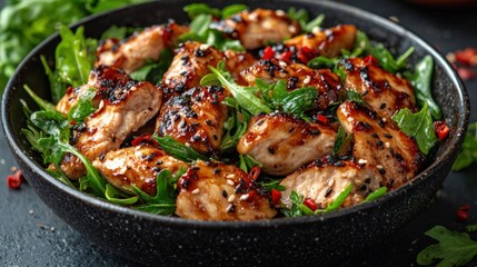 Fototapeta premium Delicious Grilled Chicken Salad with Spinach and Sesame Dressing