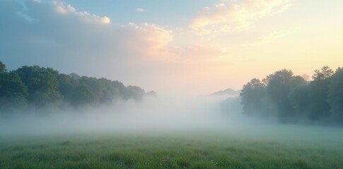 Fototapeta premium Softly falls morning fog amidst serene sky and wispy clouds, Nature, Morning