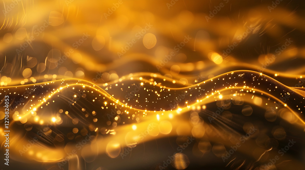 Poster abstract golden waves with shimmering particles flowing in a dynamic background of light