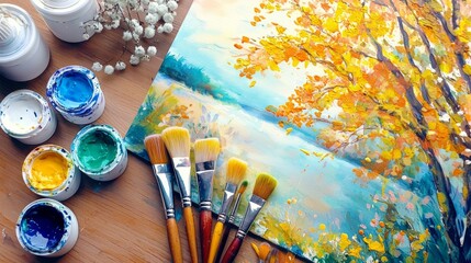 Obraz premium A table covered with art supplies, including watercolor paints, brushes, and a colorful painting in progress. --chaos 20 --ar 16:9 --quality 2 --v 6.1 Job ID: a0a64071-68ba-4b89-98e4-64cf2585f96d