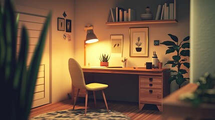 Obraz premium Cozy home office, desk, chair, plants, warm light.