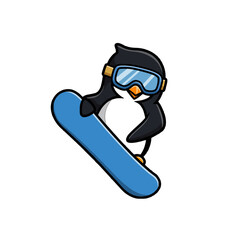 Cartoon Penguin Snowboarding in Winter Sports Gear Illustration