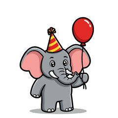 Cartoon Elephant Celebrating with Party Hat and Red Balloon, Whimsical Artwork