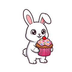 Cute Cartoon Bunny Holding a Cupcake with Sprinkles and a Cherry Top