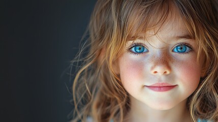 Adorable Young Girl with Blue Eyes and Freckles on Dark Background