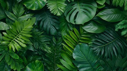 Lush green foliage showcasing a variety of tropical leaves in a dense, vibrant arrangement
