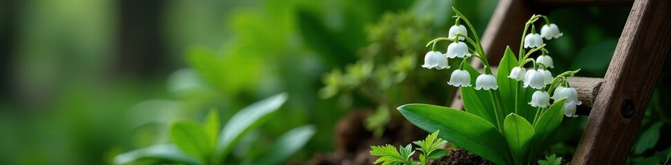 Small white lily of the valley flowers on a wooden ladder, intricate, plants, flowers