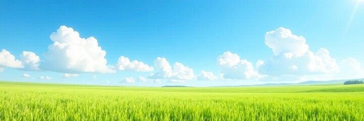 Fototapeta premium A serene landscape with fluffy white clouds and a bright blue sky, open field, white clouds, gentle breeze