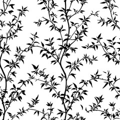 Obraz premium Silhouette Foliage Pattern Black and White Branches and Leaves Seamless Wallpaper Design