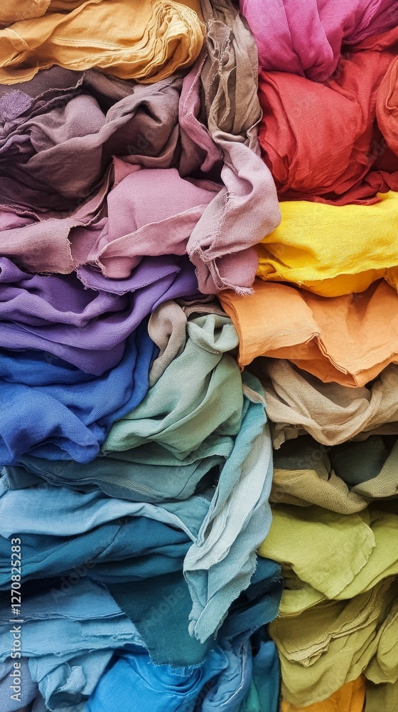 Poster vibrant stacks of colorful fabrics arranged in a visually appealing display at a market