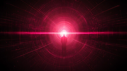 Silhouette Figure Facing Radiating Light in an Abstract Sci Fi Tunnel Design