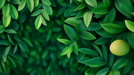 Obraz premium Lush green foliage with vibrant leaves and a single yellow fruit amidst a dense backdrop