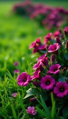 Fototapeta premium Rich plum-colored blooms scattered across a lush green lawn, grassy fields,