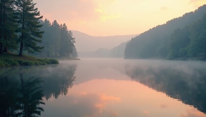 Softly falls mist on lake surface calm water reflected trees foggy atmosphere serene peaceful morning dew drops glistening, dew, mist
