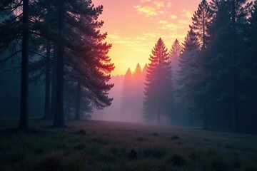 Fototapeta premium Softly falls mist in tranquil pine forest at dusk, mist, tranquility, forest ambiance