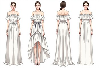 Technical Drawing: Off Shoulder Tiered Maxi Dress - Ruffle Details, Women's White Dress CAD Mockup, Front View - Fashion Design Template for Tech Packs

