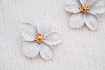 Delicate white flowers with golden centers on textured background