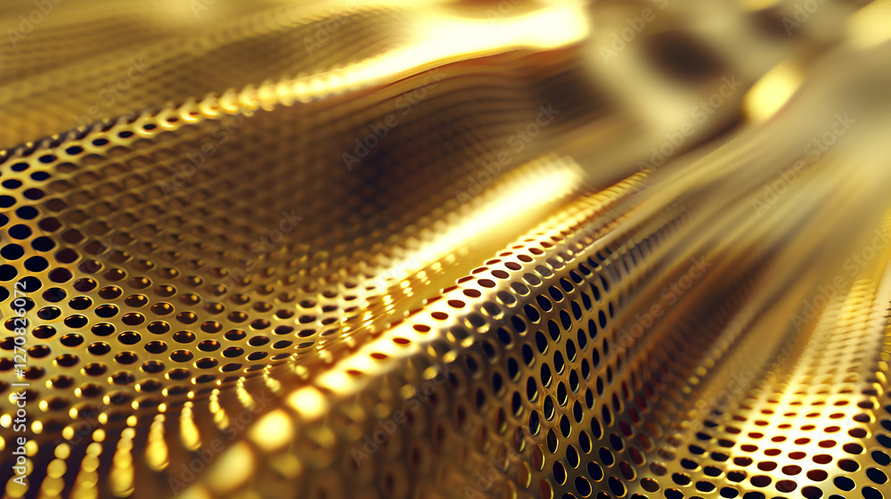 Poster close-up of shimmering gold mesh fabric with intricate perforations creating a wavy texture